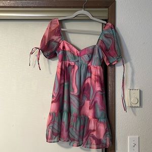 Amanda Uprichard pink, blue, green mini dress. Puff sleeves. Lightly worn